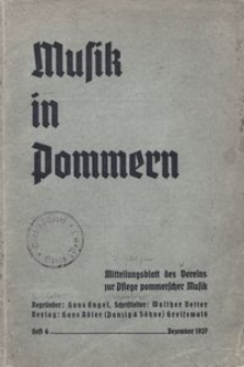 Musik in Pommern. Mitteilungsblatt des Vereins zur Pflege pommerscher Musik