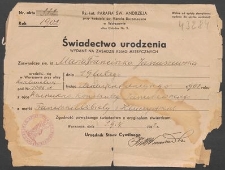 Świadectwo urodzenia wydane na zasadzie ksiąg metrycznych