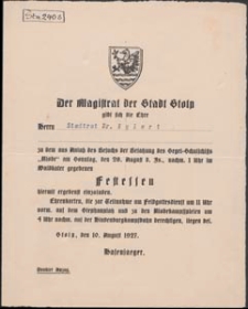 Zaproszenie z programem uroczystości wystawione dla rajcy miejskiego dr Eylerta na bankiet z okazji wizyty załogi żaglowca Szkoleniowego Niobe w Słupsku w dniu 28.VIII.1927 roku