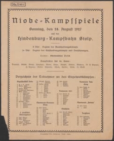 Program zawodów sportowych 28.VIII.1927 roku na stadionie Hindenburga w SłupskuLista uczestników, kolejność rozgrywek i pokazów.