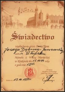 Świadectwo wysłuchania Hejnału z Wieży Mariackiej w Krakowie