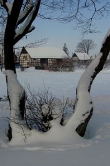 Budynki gospodarcze w Bruskowie Wielkim zimą (1)