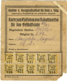 Konsum u. Spargenossenschaft fϋr Stolp u. Umg. eingetragene Genossenschaft mit beschr&auml;nkter Haftpflicht. Karte zum Einkleben von Rabattmarken f&uuml;r das Gesch&auml;ftsjahr 22/23