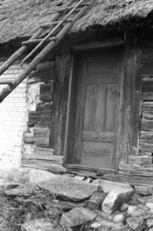 Otw&oacute;r wejściowy (powiększony) w podmurowanej chałupie konstrukcji zrębowej - Skorzewo