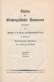 Blätter für Kirchengeschichte Pommerns Heft 8
