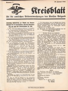Kreisblatt f&uuml;r die amtlichen Bekanntmachungen des Kreises Belgard 1936 Nr 5