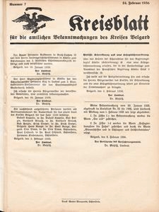Kreisblatt f&uuml;r die amtlichen Bekanntmachungen des Kreises Belgard 1936 Nr 7