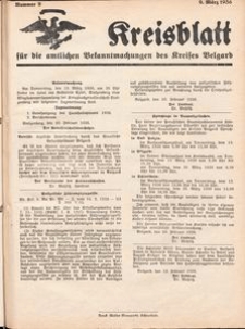 Kreisblatt f&uuml;r die amtlichen Bekanntmachungen des Kreises Belgard 1936 Nr 9
