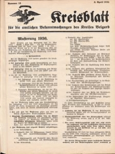 Kreisblatt f&uuml;r die amtlichen Bekanntmachungen des Kreises Belgard 1936 Nr 13