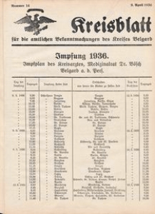 Kreisblatt f&uuml;r die amtlichen Bekanntmachungen des Kreises Belgard 1936 Nr 14
