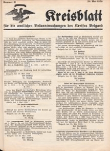 Kreisblatt f&uuml;r die amtlichen Bekanntmachungen des Kreises Belgard 1936 Nr 21