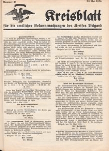 Kreisblatt für die amtlichen Bekanntmachungen des Kreises Belgard 1936 Nr 21