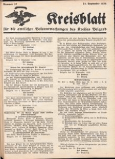 Kreisblatt f&uuml;r die amtlichen Bekanntmachungen des Kreises Belgard 1936 Nr 37