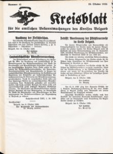 Kreisblatt f&uuml;r die amtlichen Bekanntmachungen des Kreises Belgard 1936 Nr 41