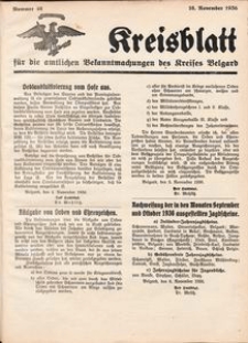 Kreisblatt f&uuml;r die amtlichen Bekanntmachungen des Kreises Belgard 1936 Nr 46