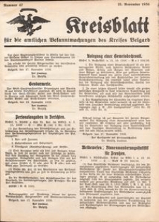 Kreisblatt für die amtlichen Bekanntmachungen des Kreises Belgard 1936 Nr 47