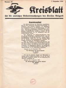 Kreisblatt f&uuml;r die amtlichen Bekanntmachungen des Kreises Belgard 1936 Nr 50
