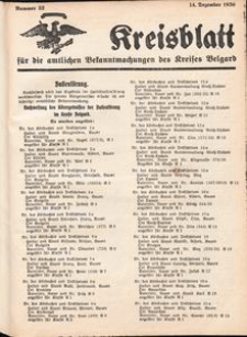 Kreisblatt f&uuml;r die amtlichen Bekanntmachungen des Kreises Belgard 1936 Nr 52