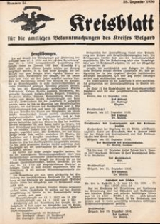 Kreisblatt f&uuml;r die amtlichen Bekanntmachungen des Kreises Belgard 1936 Nr 54