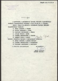 Wyciąg z protokołu z posiedzenia Zarządu Oddziału Wojew&oacute;dzkiego Fundacji Obywatelskiej odbytego w dniu 07.05.90 r.
