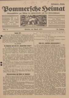 Pommersche Heimat. Monatsbl&auml;tter zur Pflege der Heimatkunde und des Heimatschutzes Nr. 4/1927