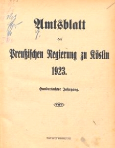 Amtsblatt der Preu&beta;ischen Regierung zu K&ouml;slin 1923