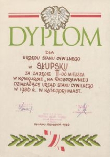 Dyplom dla Urzędu Stanu Cywilnego w Słupsku