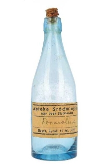 Buteleczka apteczna (z korkiem i etykietką "Apteka śródmiejska")