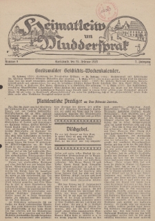 Heimatleiw un Muddersprak. Greifswalder Geschichts-Wochenkalender, 1928, Nr. 9