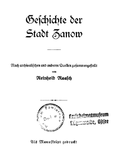 Geschichte der Stadt Zanow : nach archivalischen und anderen Quellen zusammengestellt