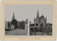 Dzisiejszy kościół pw. Najświętszego Serca Jezusowego (Petrikirche) widziany od strony skrzyżowania ulicy Armii Krajowej (Wilhelmstr.) z ulicą Pobożnego (Quebbenstr.) oraz widok od tyłu