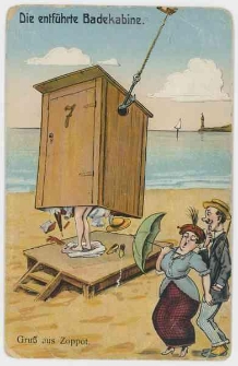 Poczt&oacute;wka kolorowa z rysunkiem satyrycznym &laquo;Die entf&uuml;hrte Badekabine&raquo;