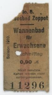 Bilet do zakładu kąpielowego, nr 11296 z napisem „Wannenbad fur Erwachsene”