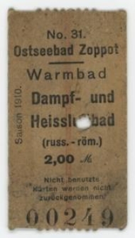 Bilet do zakładu kąpielowego, nr 00249 z napisem „Warmbad. Damp - und Heissluftbad”