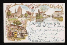 Stolp: Brama Młyńska i okolice, rzeka z dawnym kościołem św. Mikołaja i urzędem, ogr&oacute;dek restauracji Waldkater