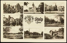 Stolp. Brama Młyńska i okolice, ratusz z wyretuszowanym pomnikiem cesarza, rynek i kości&oacute;ł Mariacki, widok z Laufbr&uuml;cke na rzekę, herb i nazwa miasta, plac i pomnik Bismarcka, błonie Neumanna, ogr&oacute;d r&oacute;żany i kości&oacute;ł zamkowy, ogr&oacute;d zamkowy i mury