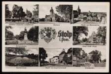 Stolp: Brama Młyńska i okolice, ratusz z wyretuszowanym pomnikiem cesarza, rynek i kości&oacute;ł Mariacki, plac i pomnik Bismarcka, herb i nazwa miasta, Hitlerstrasse, błonie Neumanna, Nowa Brama i Kaufmannswall, ogr&oacute;d zamkowy