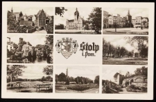 Stolp: Mill Gate and surroundings, town hall (with a retouched statue of the Emperor), market square and Marienkirche, view from the Laufbr&uuml;cke to the river, town coat of arms and name, Bismarck square and statue, Neumann square, rose garden and castle church, castle garden and walls