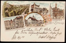 Stolp: plac Bl&uuml;chera, dworzec, poczta, Neuthorstrasse, stary ratusz. Gruss aus Stolp.