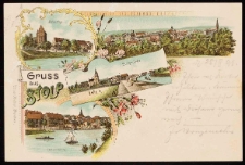 Stolp: Mill Gate and surroundings, panorama, beach and harbour entrance in Ustka, river and left bank town