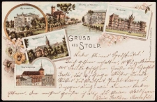 Stolp: Gymnasium, river with former St. Nicholas Church and office, barracks, St. Peter's Church, St. Mary's Church