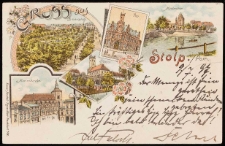 Stolp: plac Bl&uuml;chera, poczta, Brama Młyńska i okolice, rynek i kości&oacute;ł Mariacki, dawny kości&oacute;ł św. Mikołaja