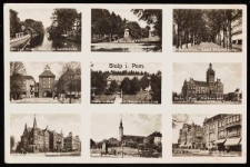 Stolp: widok na rzekę (z Laufbr&uuml;cke), plac i pomnik Bismarcka, Hitlerstrasse, Nowa Brama, restauracja Waldkater, ratusz i pomnik cesarza, Am Bahntor, kości&oacute;ł zamkowy i mury, Ringstrasse