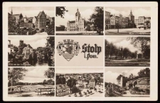 Stolp: Brama Młyńska i okolice, ratusz z wyretuszowanym pomnikiem cesarza, rynek i kości&oacute;ł Mariacki, widok z Laufbr&uuml;cke na rzekę, herb i nazwa miasta, plac i pomnik Bismarcka, błonie Neumanna, widok z lotu ptaka na Nową Bramę i okolice, ogr&oacute;d zamkowy i mury