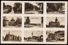 Stolp: view of the river (from Laufbr&uuml;cke), Bismarck square and monument, Hitlerstrasse, New Gate, Waldkater restaurant, town hall, Am Bahntor, castle church and walls, Ringstrasse