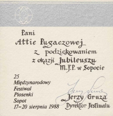 Podziękowanie p. Ałłie Pugaczowej z okazji Jubileuszu Międzynarodowego Festiwalu Piosenki w Sopocie