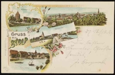 Stolp: Mill Gate and surroundings, panorama, beach and harbour entrance in Ustka, river and left bank town