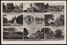 Mill Gate and surroundings, town hall with a retouched statue of the Kaiser, market square and Marienkirche, square and statue of Bismarck, coat of arms and name of the town, Hitlerstrasse, Neumann Blvd, New Gate and Kaufmannswall, castle garden