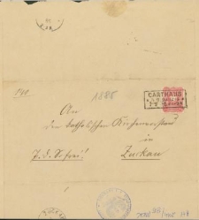 Przesyłka z sądu w Kartuzach nadana 7 lutego 1885 r.