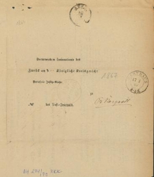 Przesyłka doręczeniowa nadana 17 stycznia 1867 r. w Kartuzach